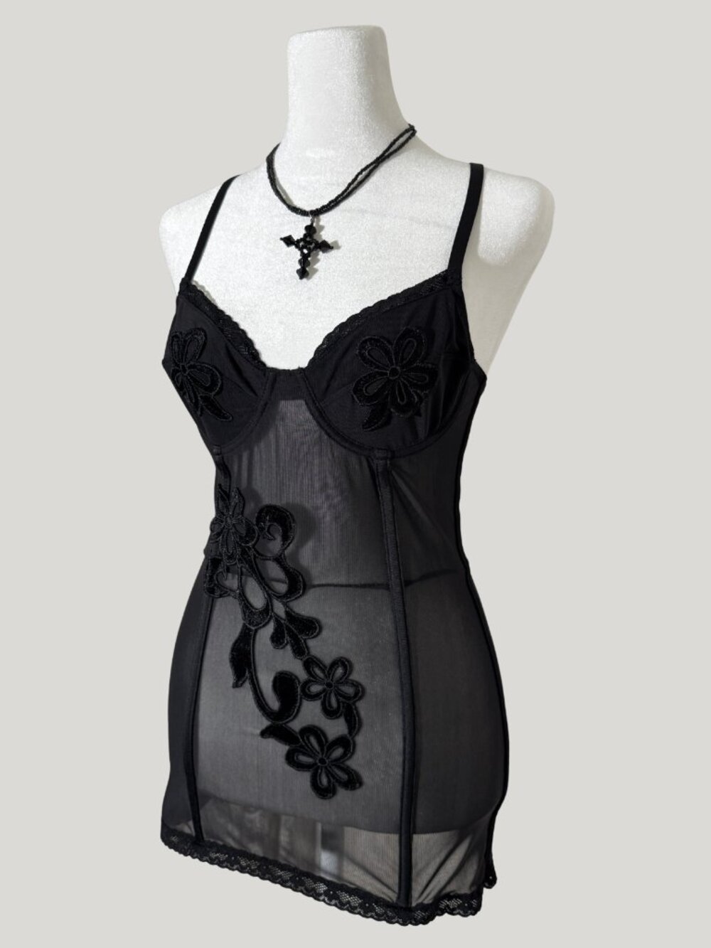 Sheer Black Mesh Corset Top with Velvet Floral Appliqués Women's Size Small Y2K